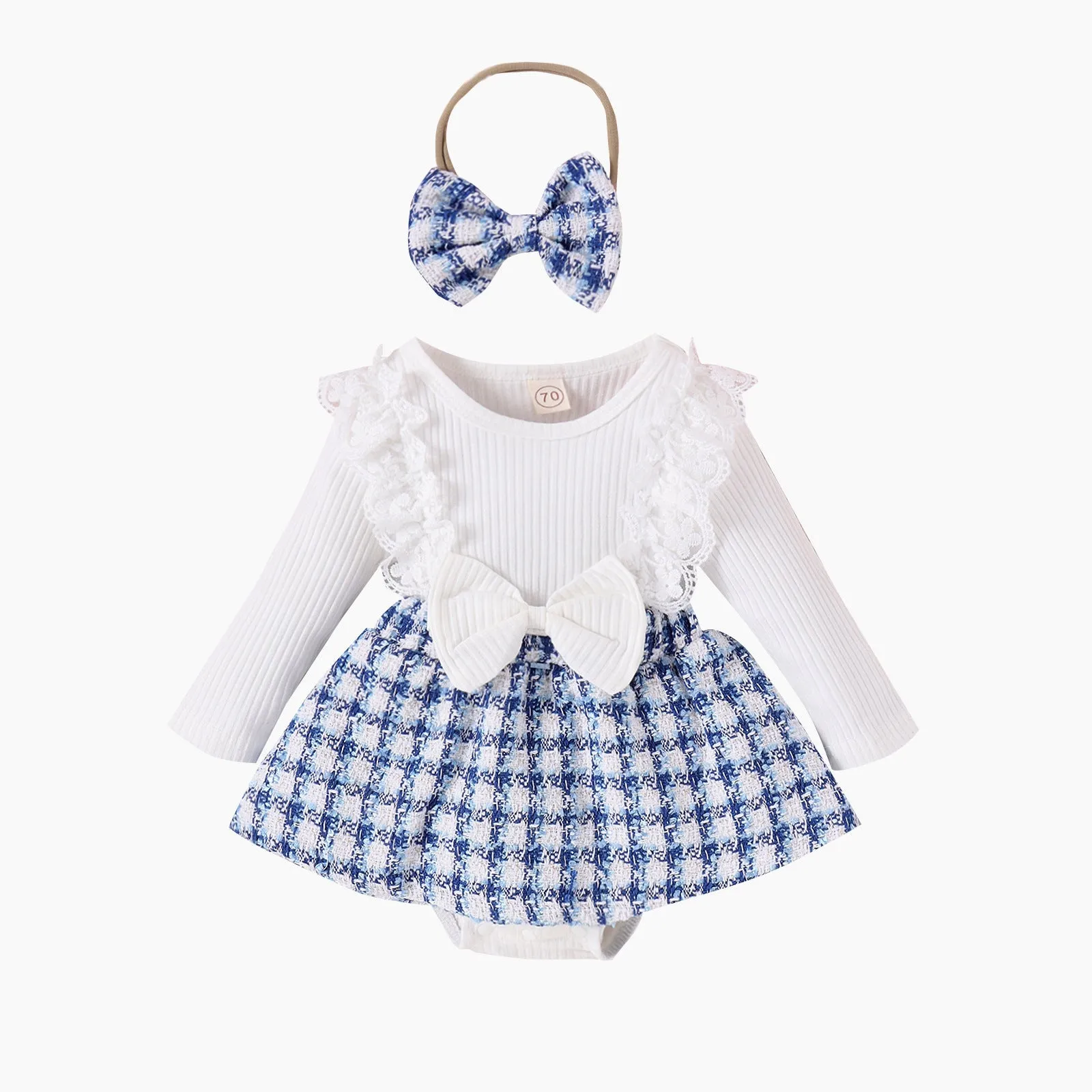 Long Sleeve Stitching Woven Style Plaid Skirt Bow Romper