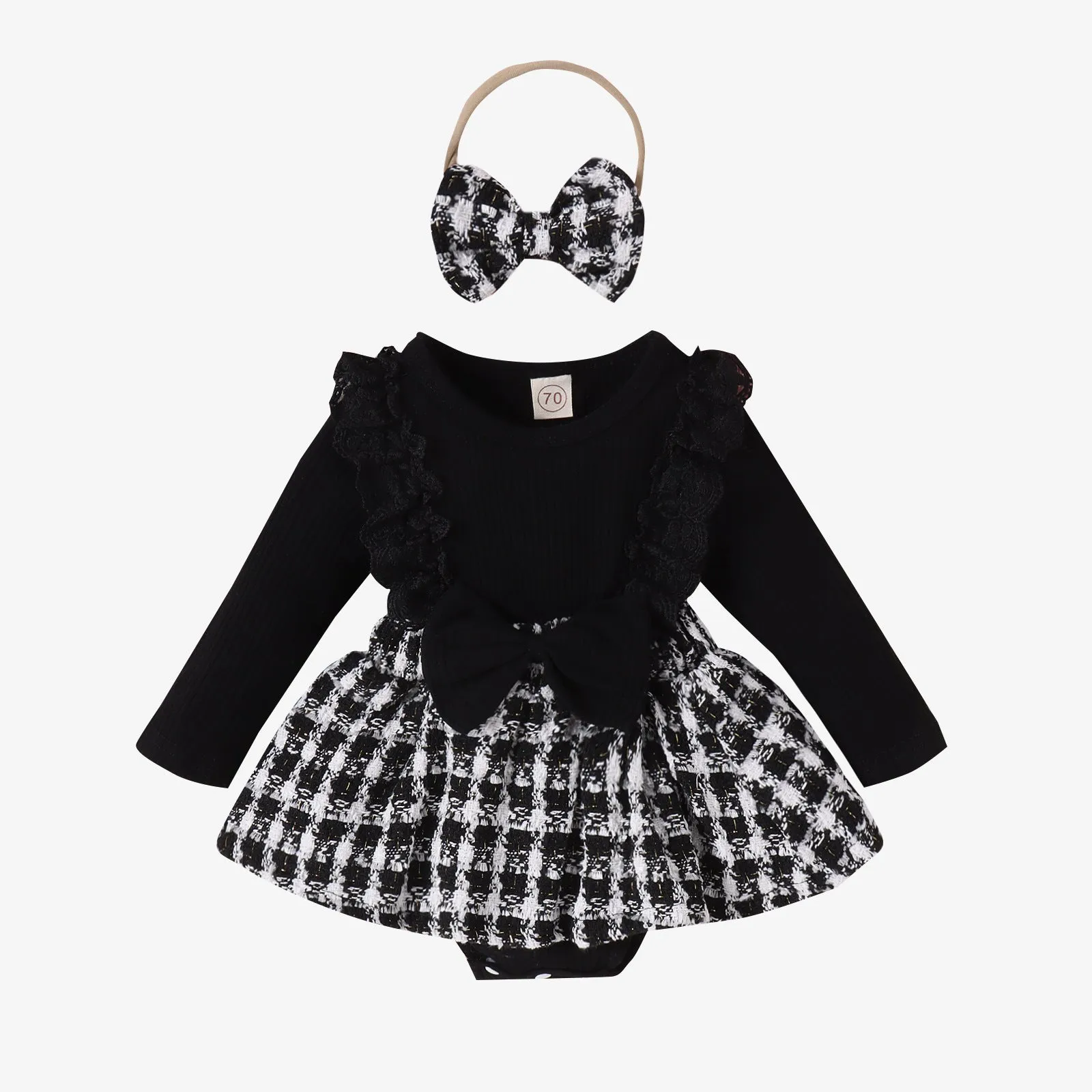 Long Sleeve Stitching Woven Style Plaid Skirt Bow Romper