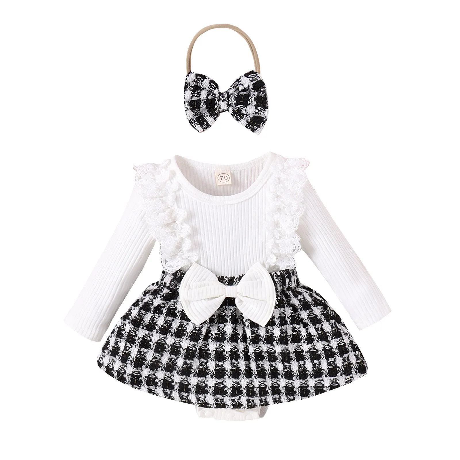Long Sleeve Stitching Woven Style Plaid Skirt Bow Romper