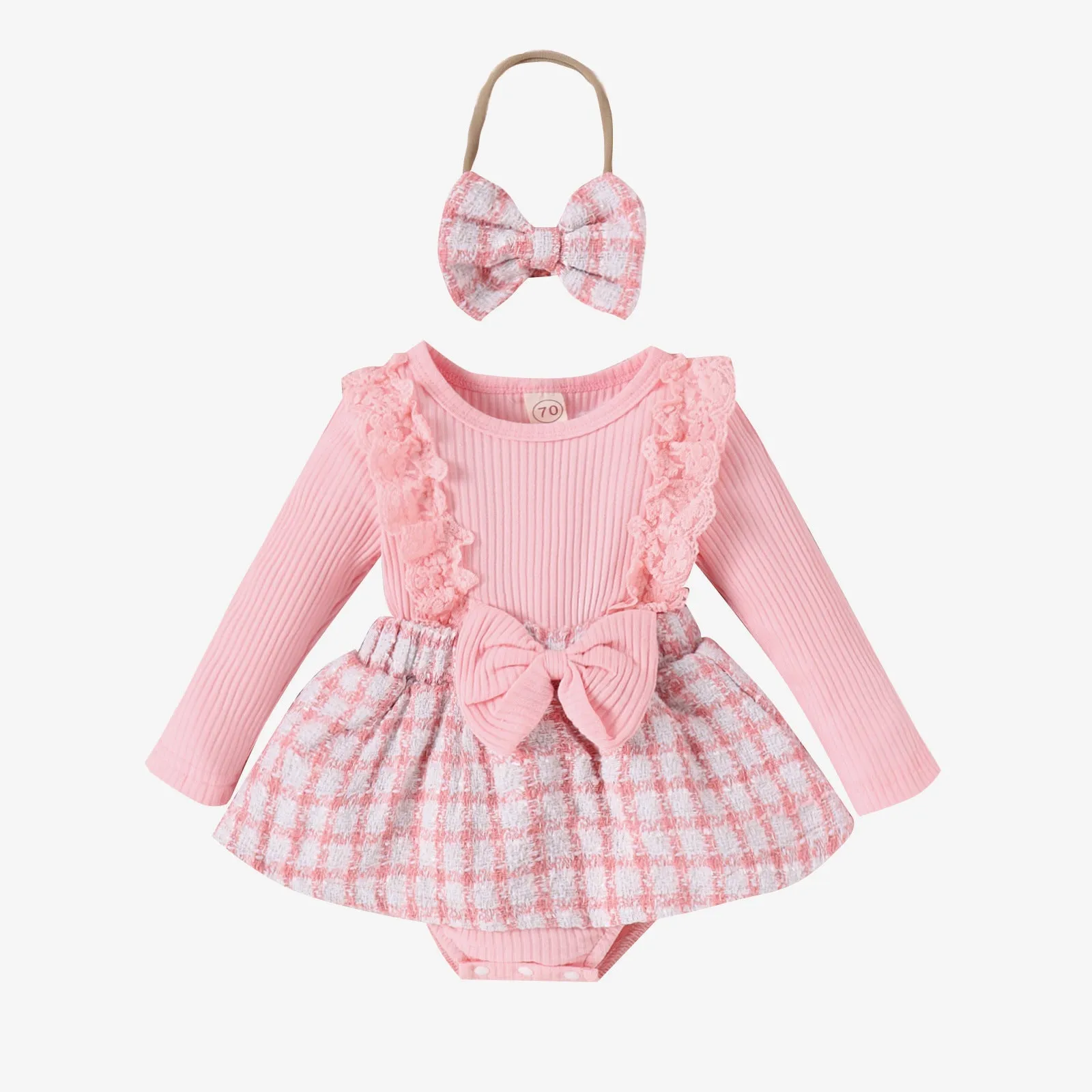 Long Sleeve Stitching Woven Style Plaid Skirt Bow Romper