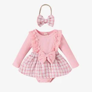 Long Sleeve Stitching Woven Style Plaid Skirt Bow Romper